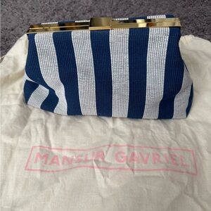 Mansur Gavriel Navy and White Striped Beaded Clutch with Gold Frame
